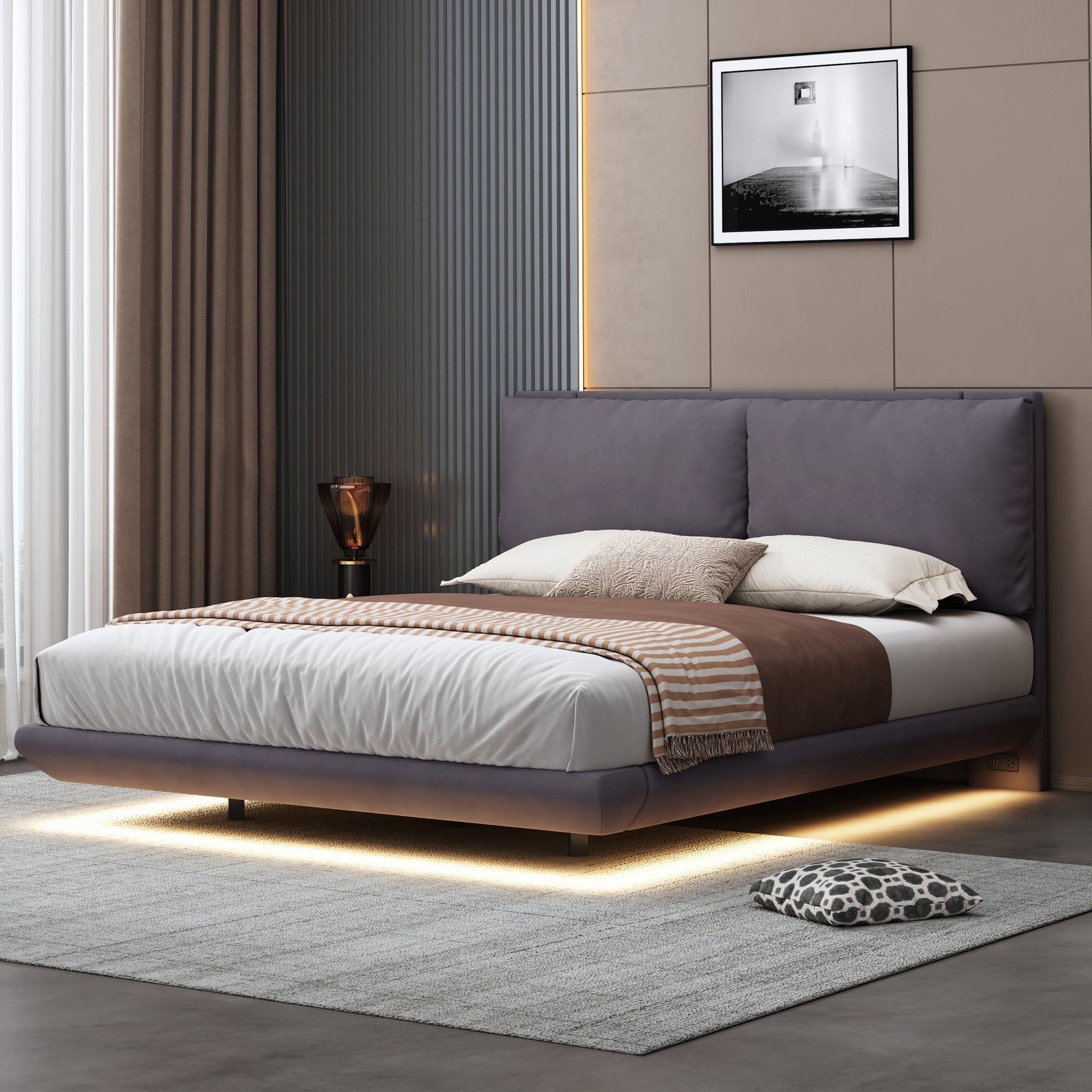 Contemporary grey upholstered platform bed with integrated LED lighting