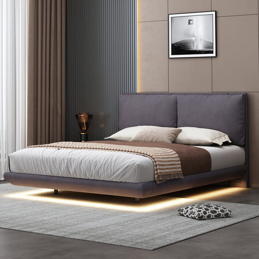 Contemporary grey upholstered platform bed with integrated LED lighting