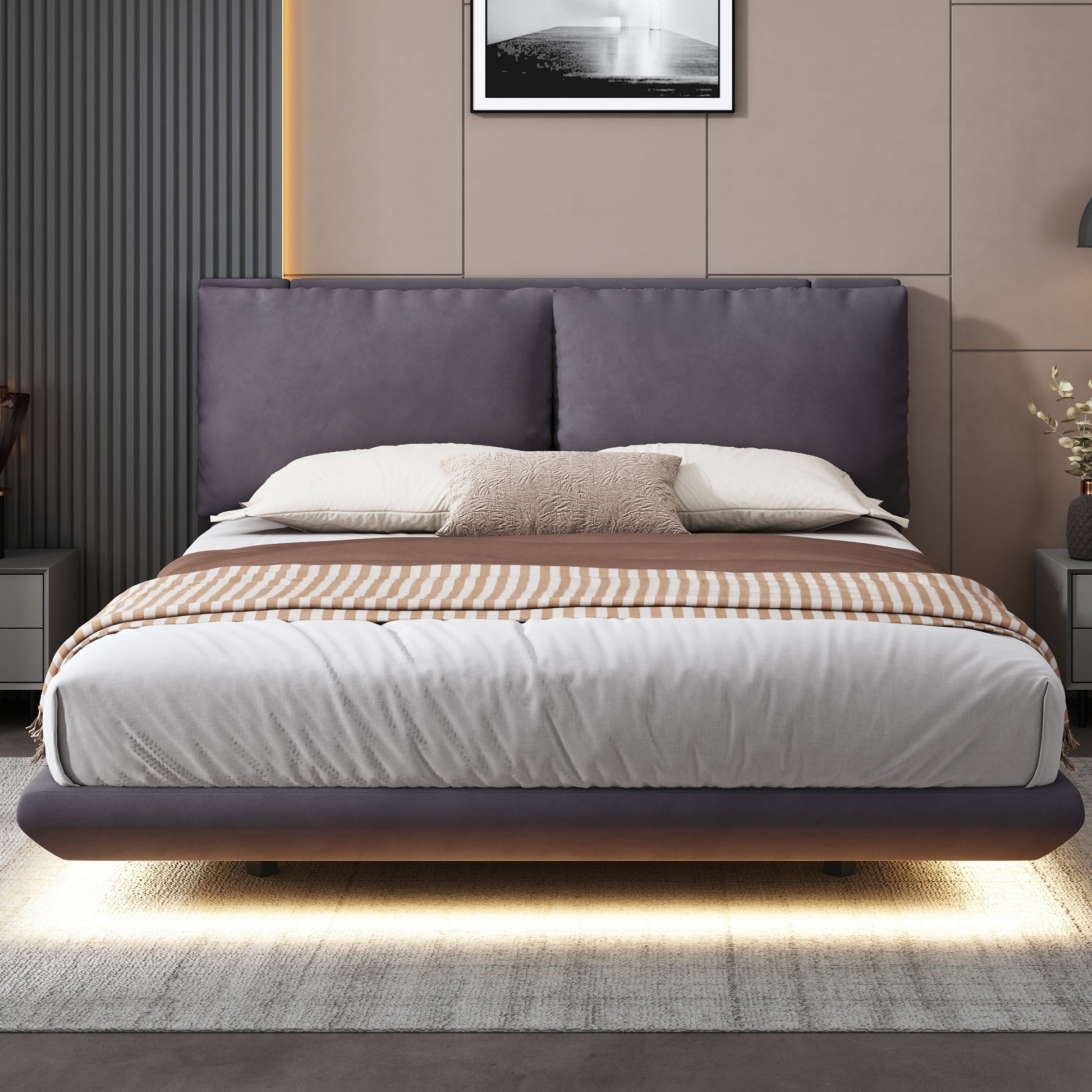 Modern upholstered platform bed with a gray headboard and builtin LED lighting