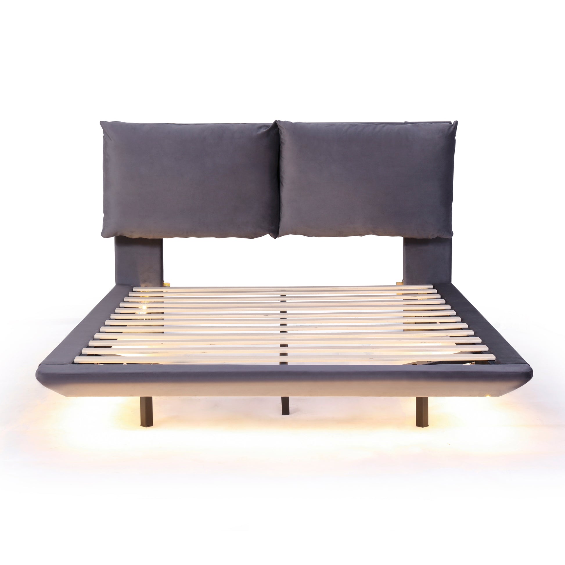 Grey upholstered platform bed frame with dual pillow headboard and LED underlighting