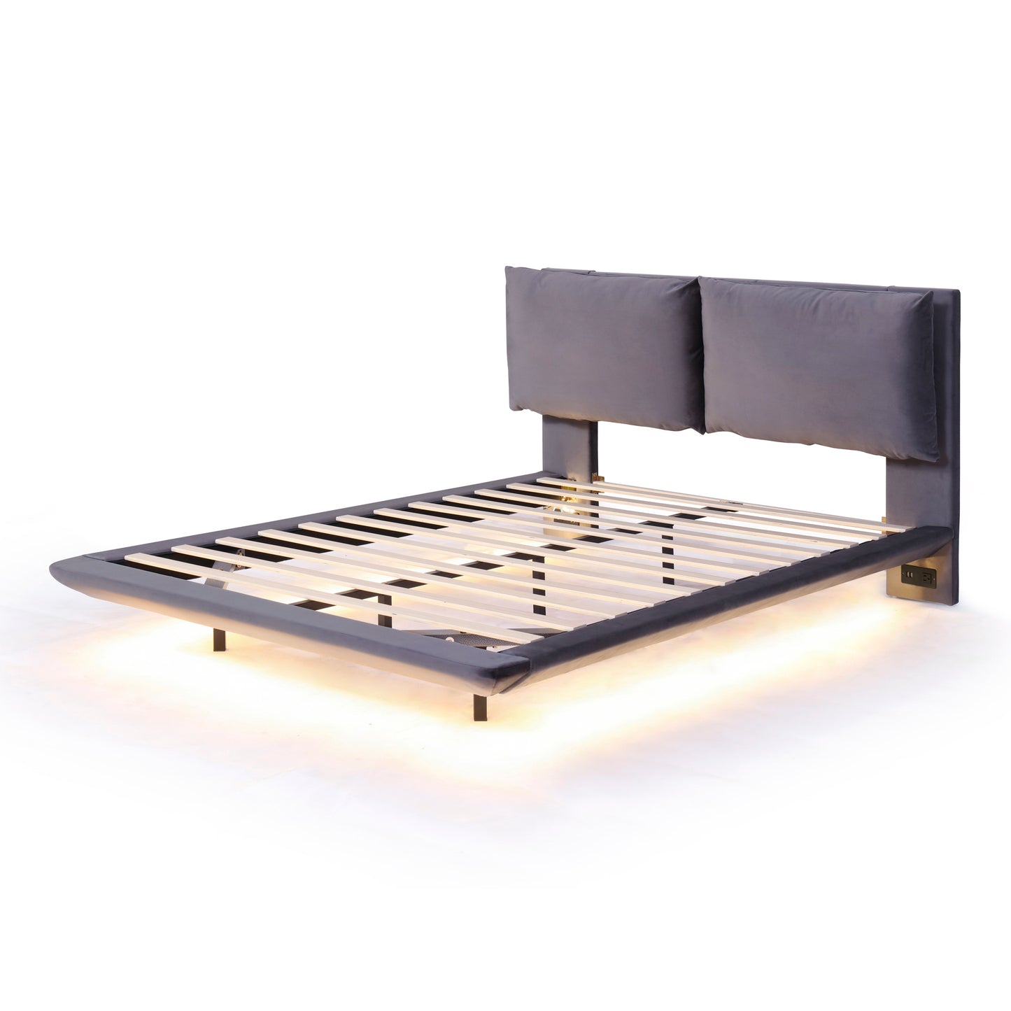 Grey velvet platform bed frame with builtin USB ports and ambient LED lighting