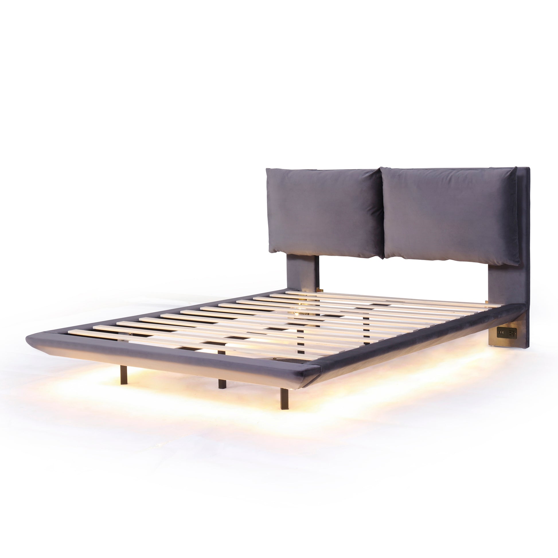 Grey velvet platform bed frame with builtin LED lighting and USB ports