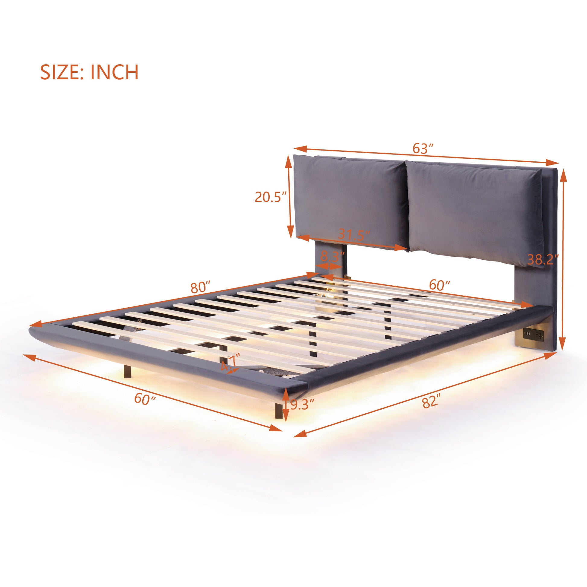 Gray upholstered queen bed frame with LED lighting