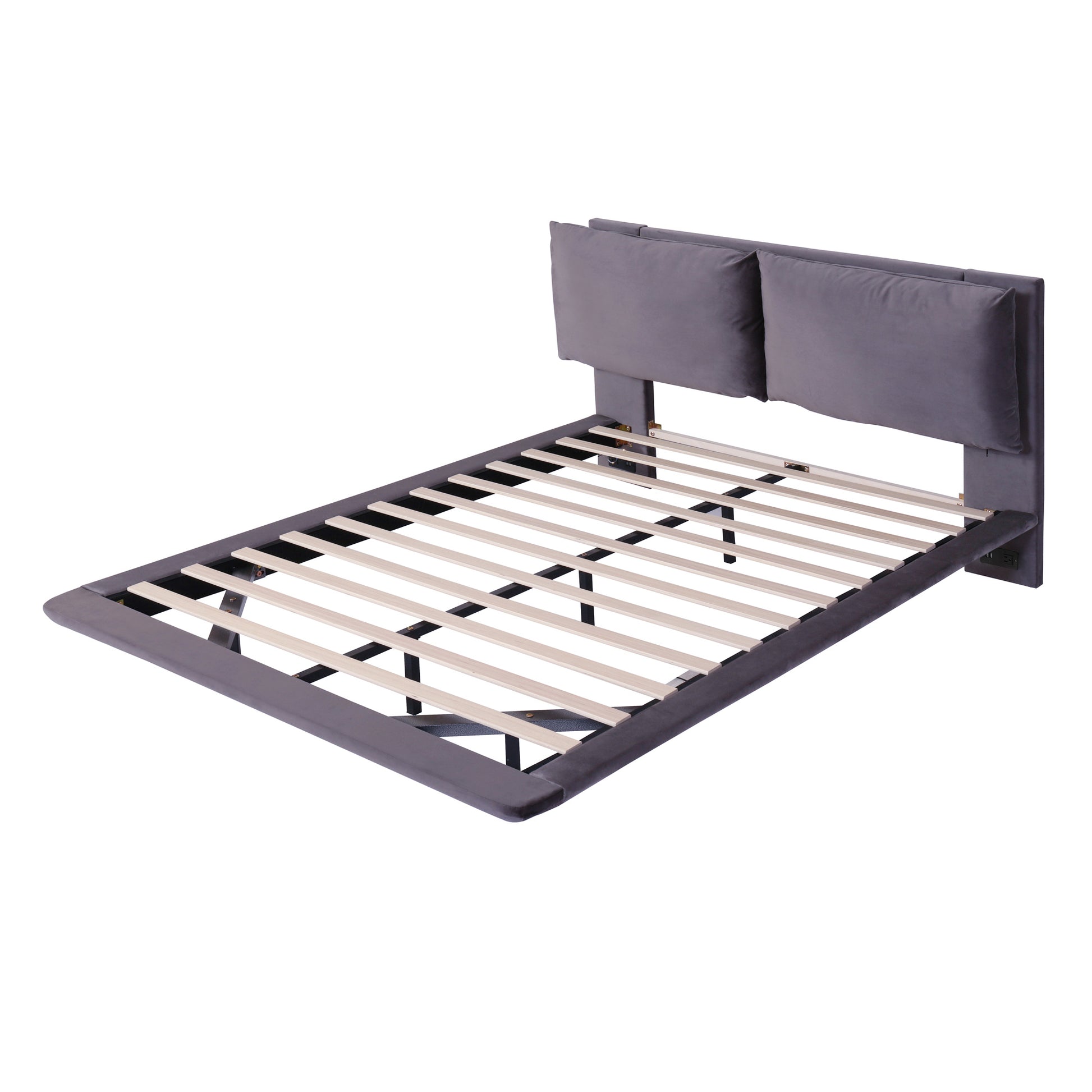 Gray velvet bed frame with modern headboard and wooden slats