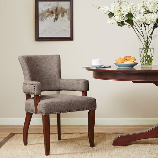 TREATLIFE HOME Arm Dining Chair with Brass Nail Head Detailing, Solid Hardwood Frame, Wood Finish in Espresso, Brown Fabric