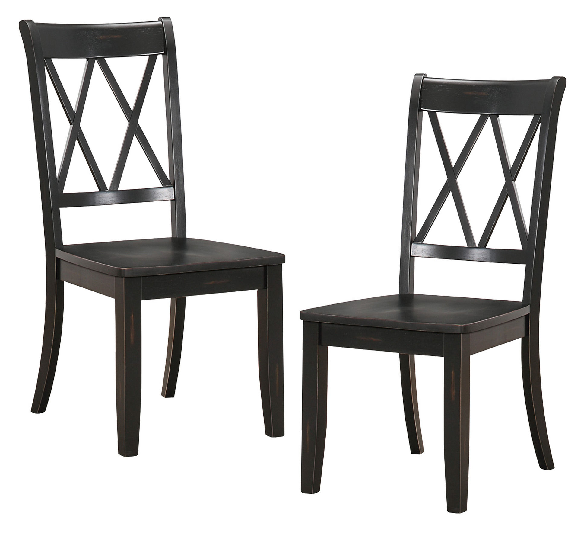 Two dark distressed wooden dining chairs with Xback design