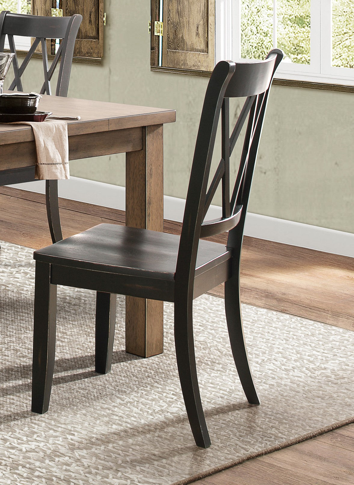 Dark espresso wooden dining chair with a crisscross back