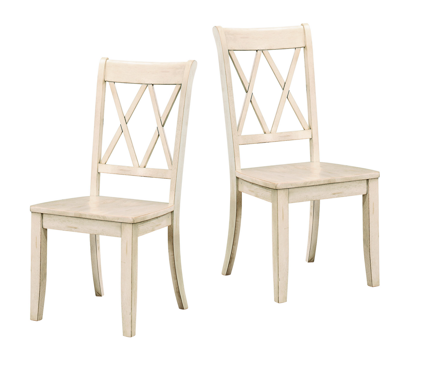 Two distressed cream dining chairs with X back design