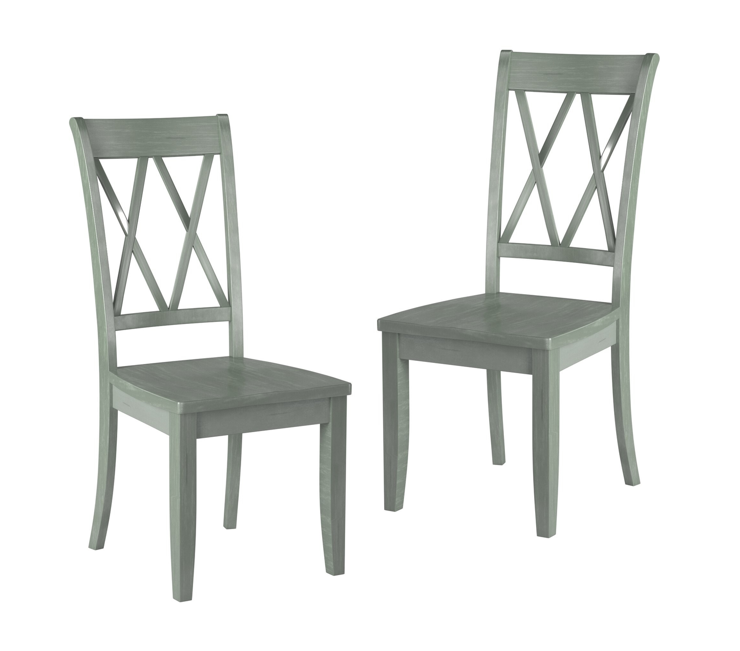 Two distressed grey wooden dining chairs with Xback design