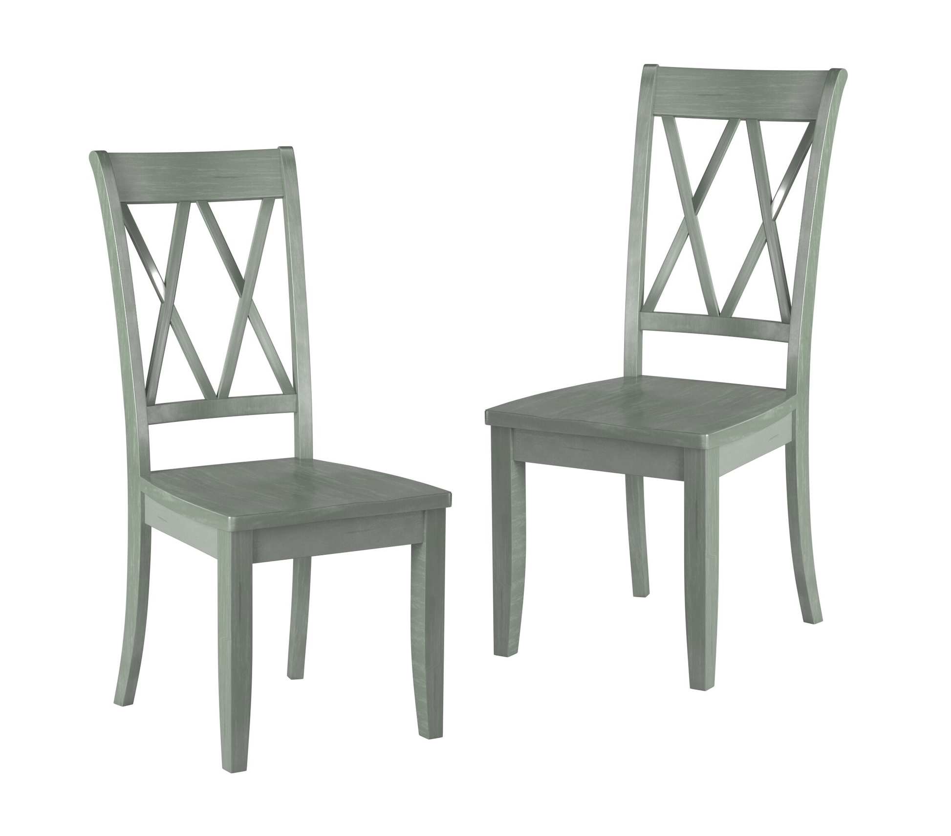 Two distressed grey wooden dining chairs with Xback design