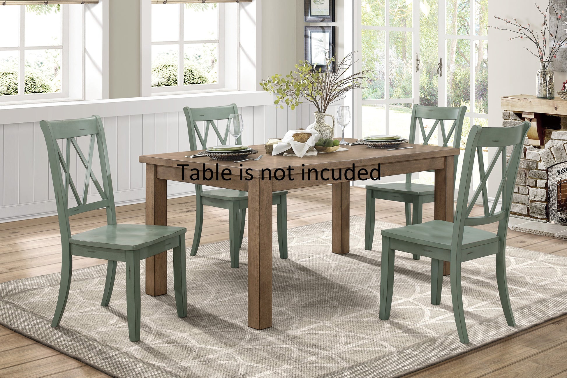 Green farmhouse dining chair with X back design made of solid wood