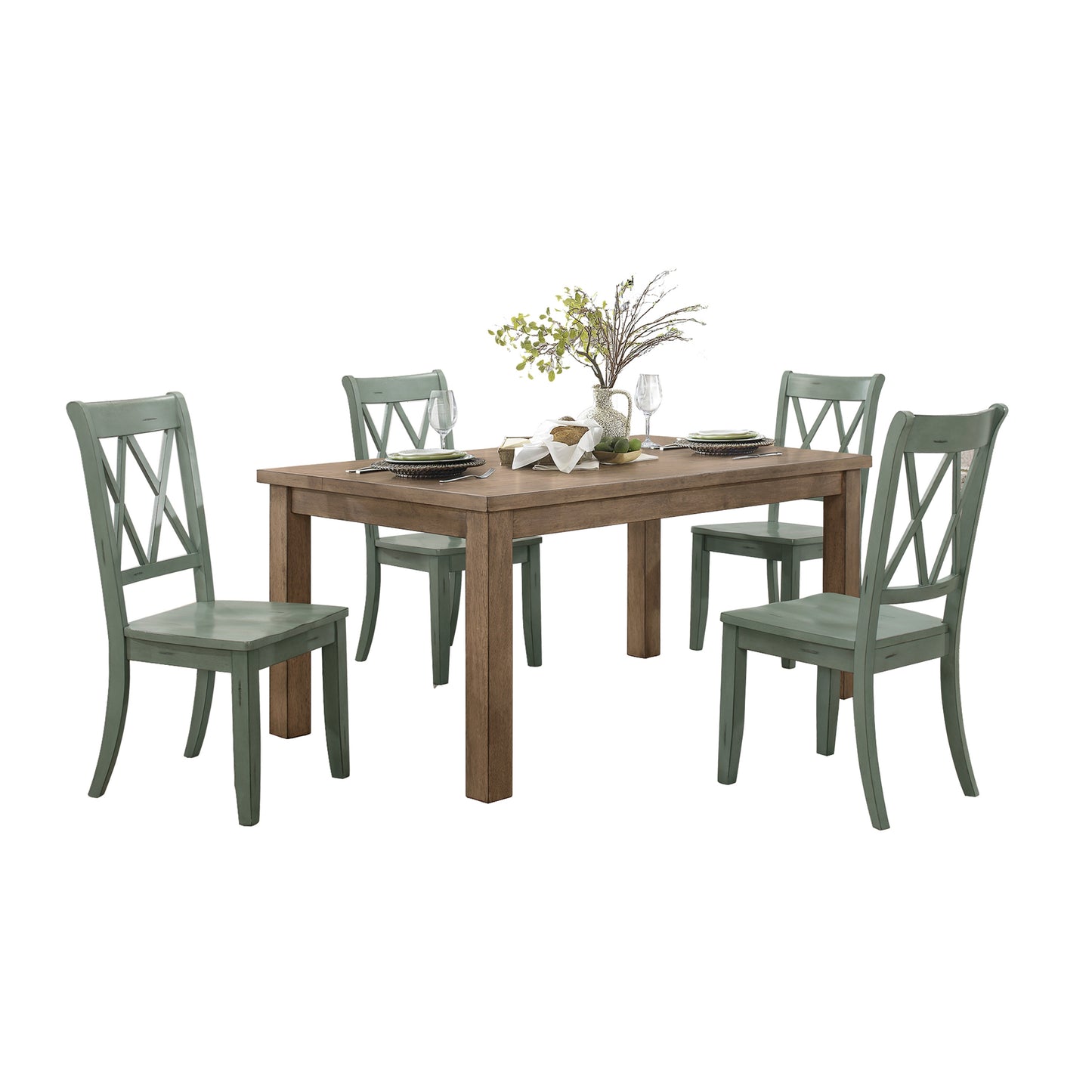 Rustic farmhouse dining set with distressed teal chairs