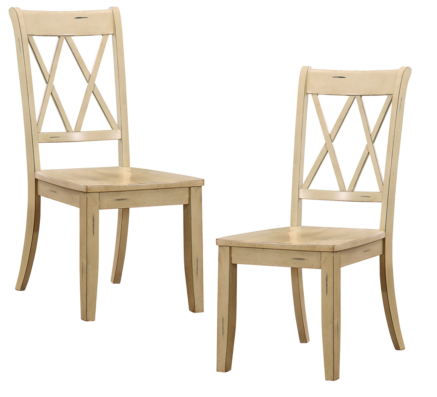 Cream wooden dining chair with X backrest and weathered finish