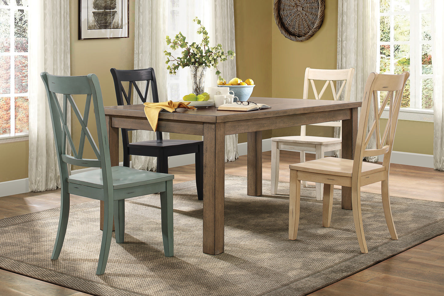 Blue distressed dining chair with Xback detail