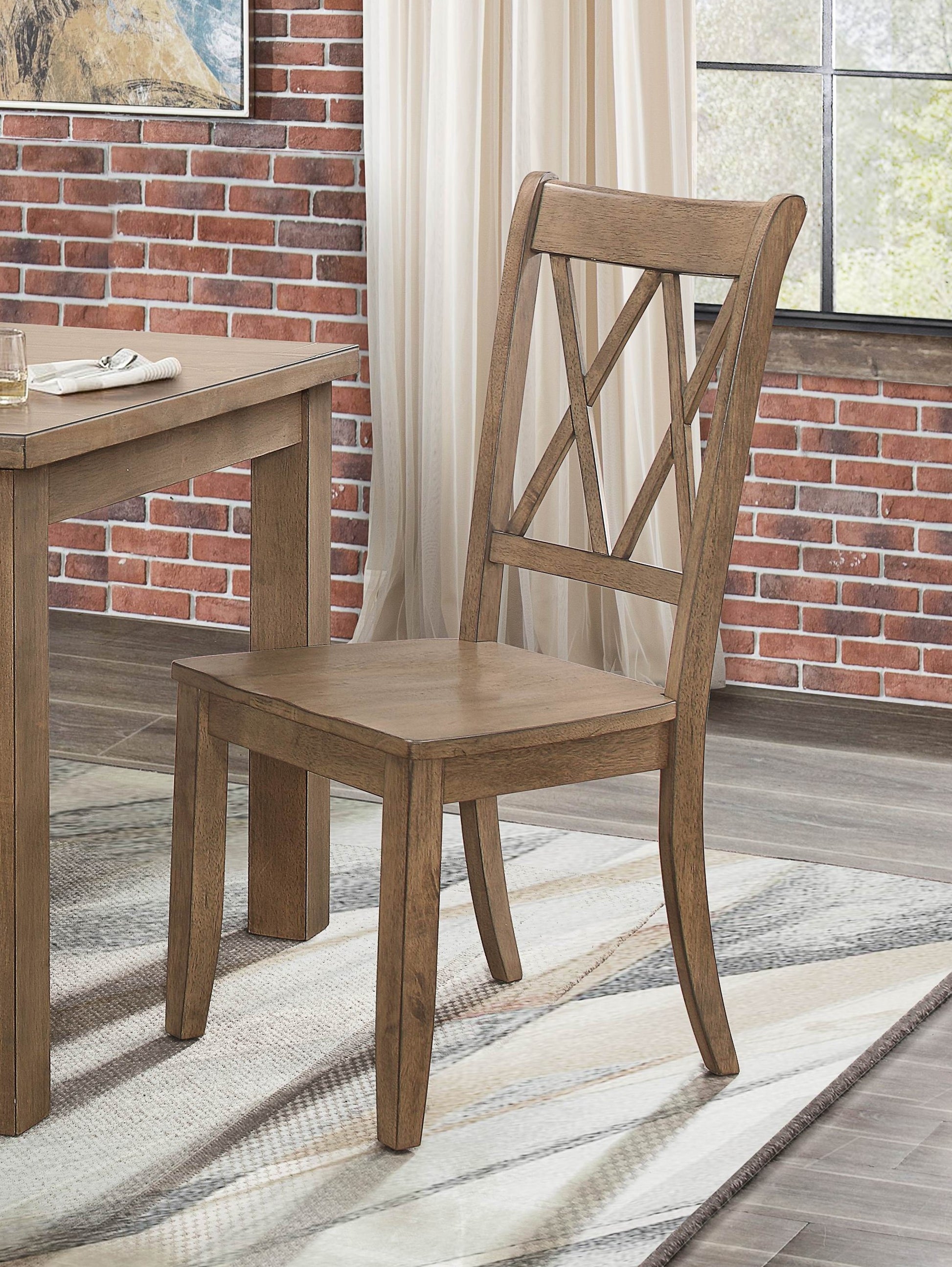 Rustic wooden dining chair with crisscross backrest detail