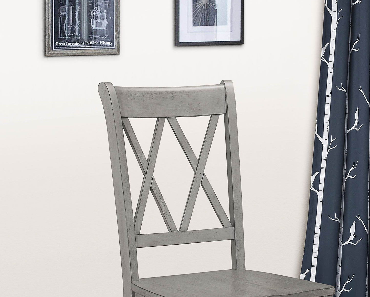 Gray wooden chair with crisscross backrest