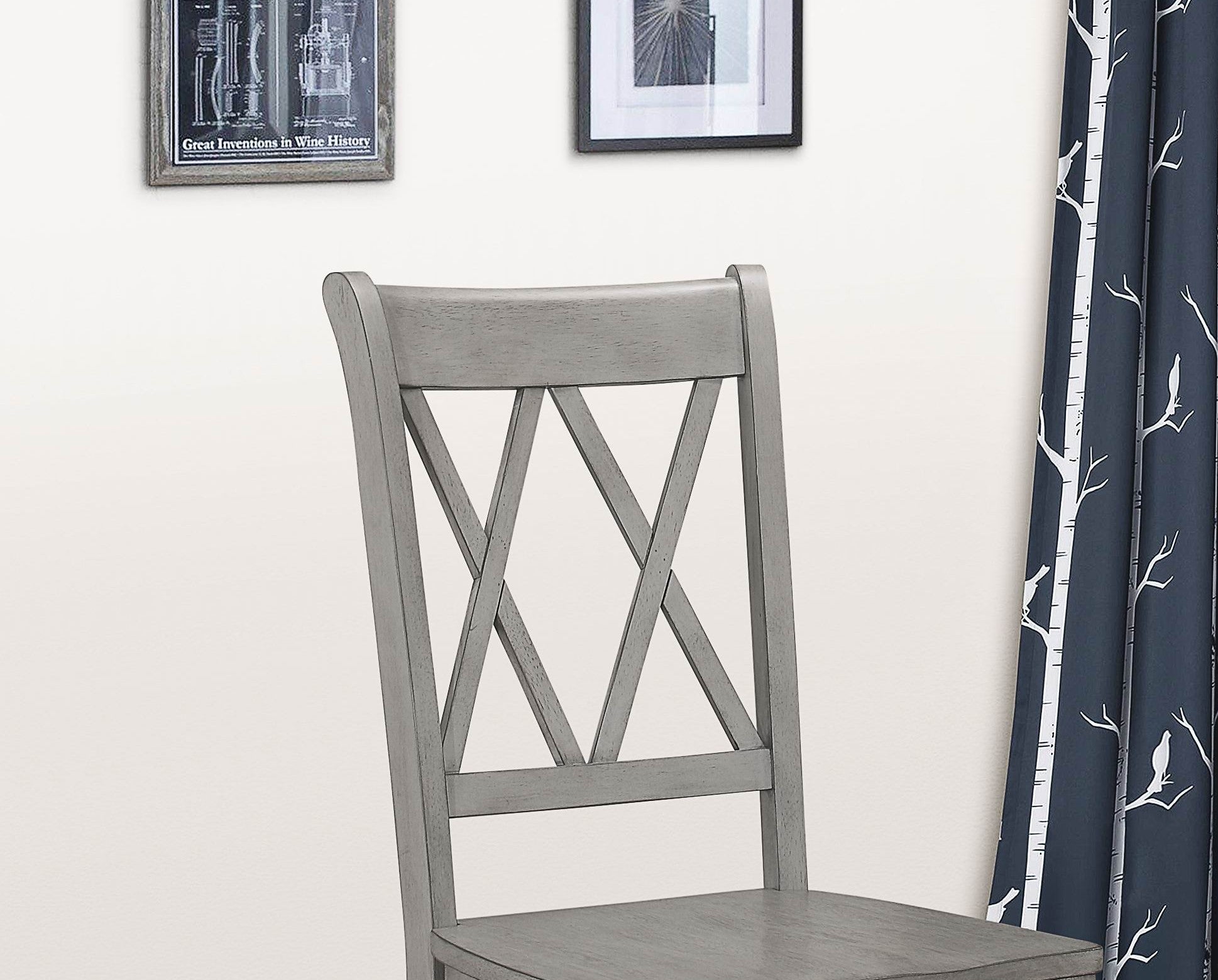 Gray wooden chair with crisscross backrest