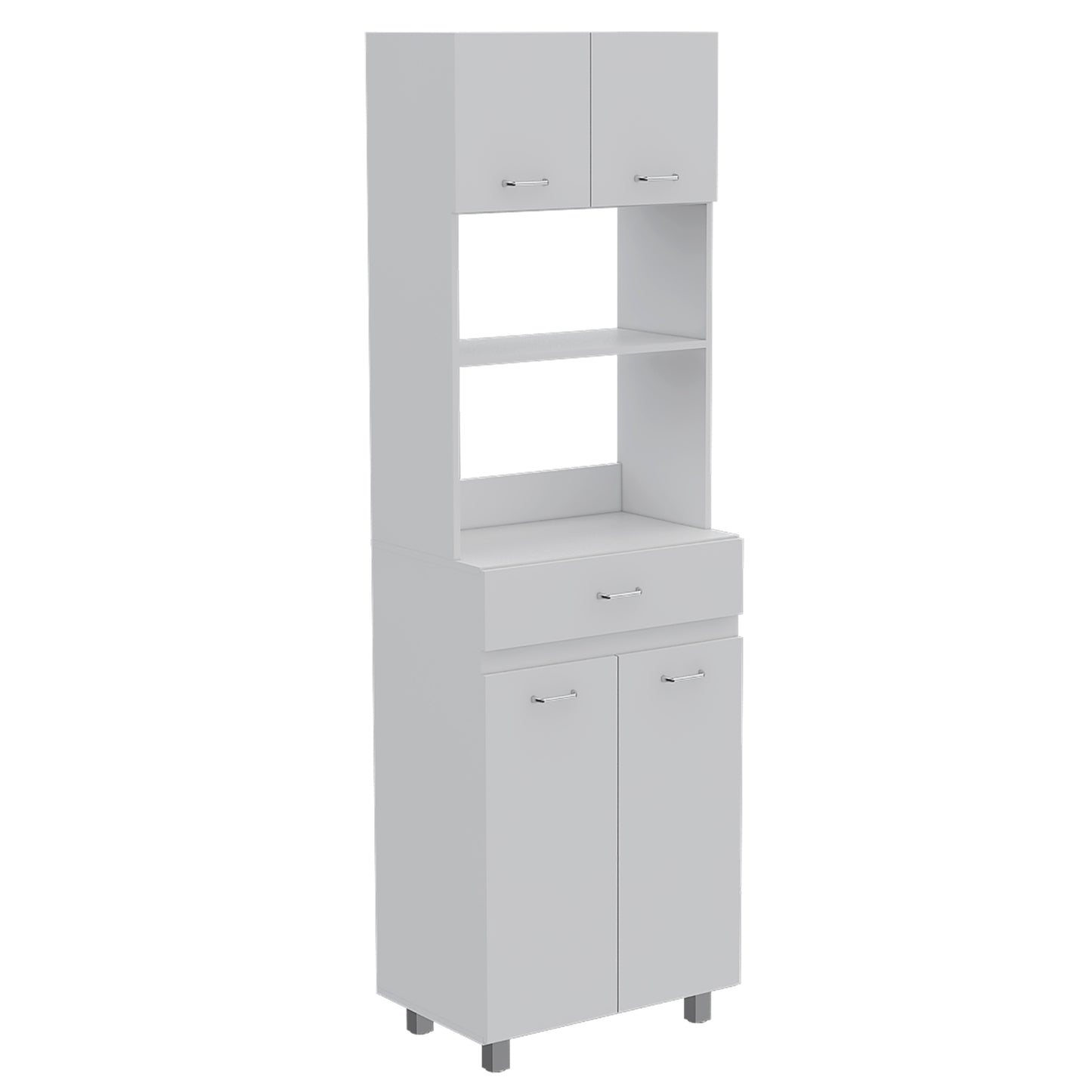 White tall kitchen cabinet with open shelves and two lower doors