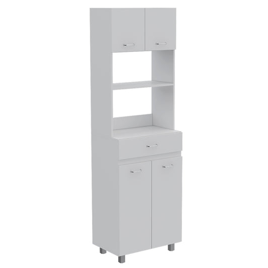 White tall kitchen cabinet with open shelves and two lower doors