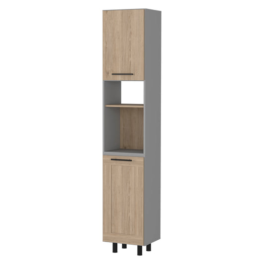 Tall pantry cabinet with light wood doors and grey frame