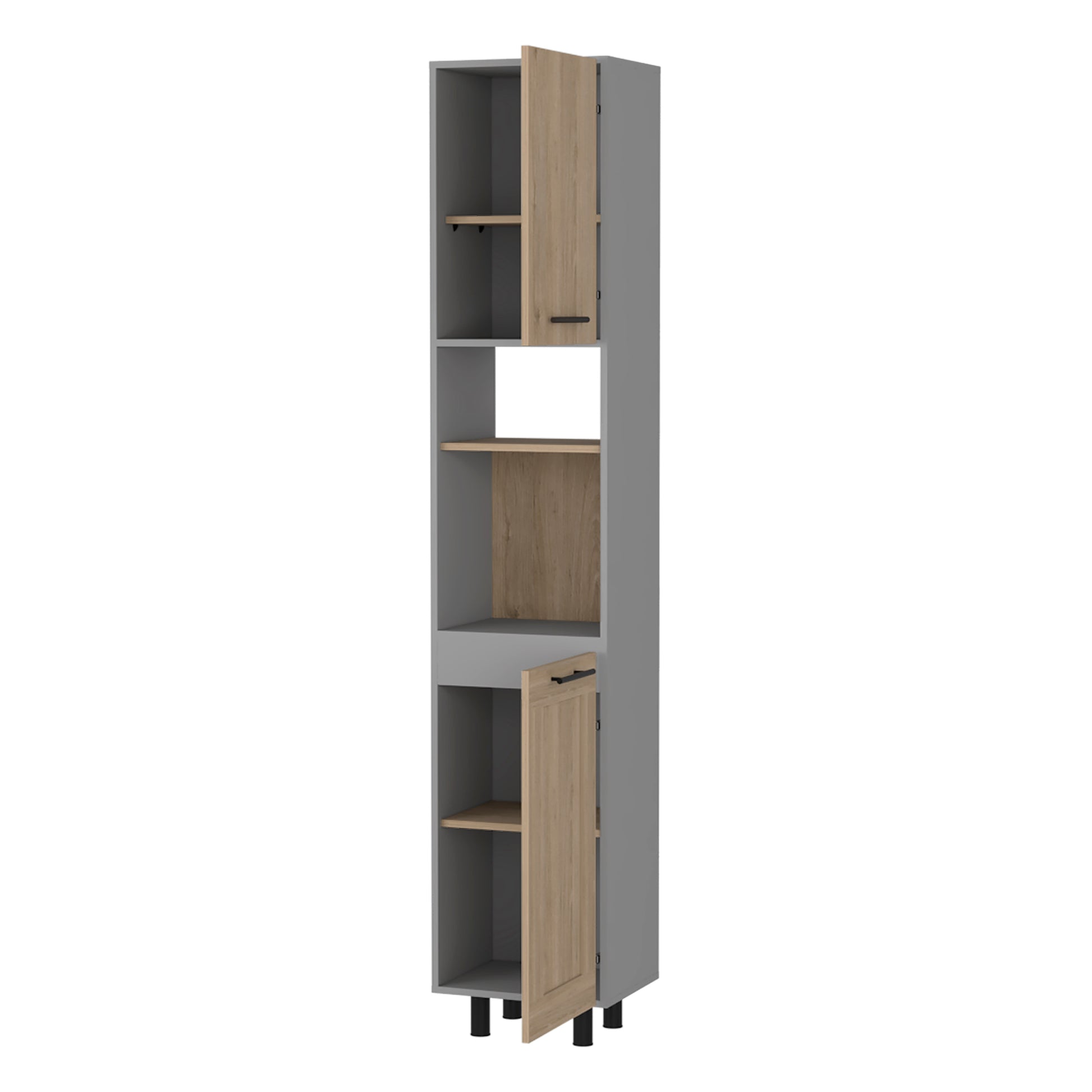 Tall grey kitchen cabinet with light wood accent doors and shelves