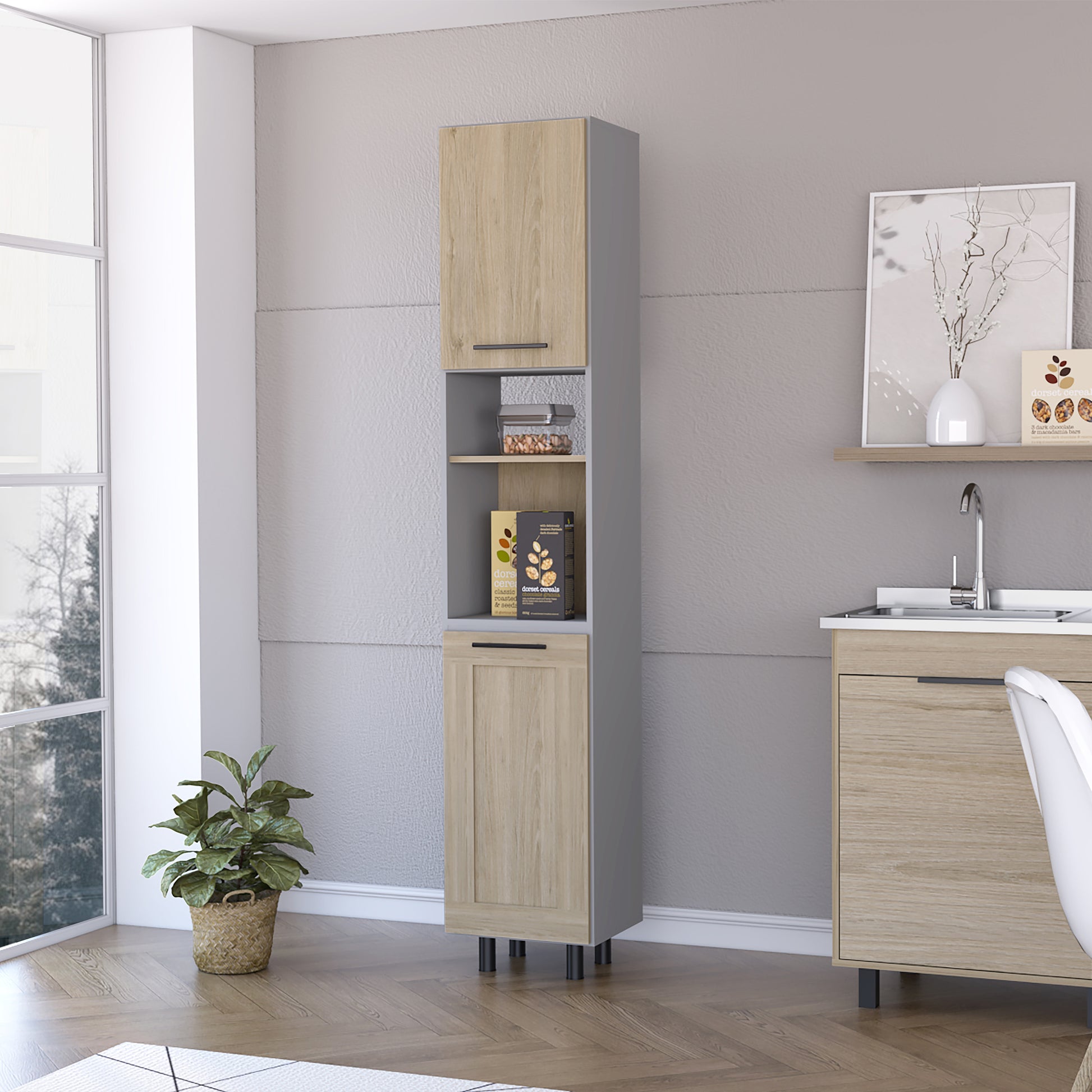 Tall grey and wood cabinet with open shelves