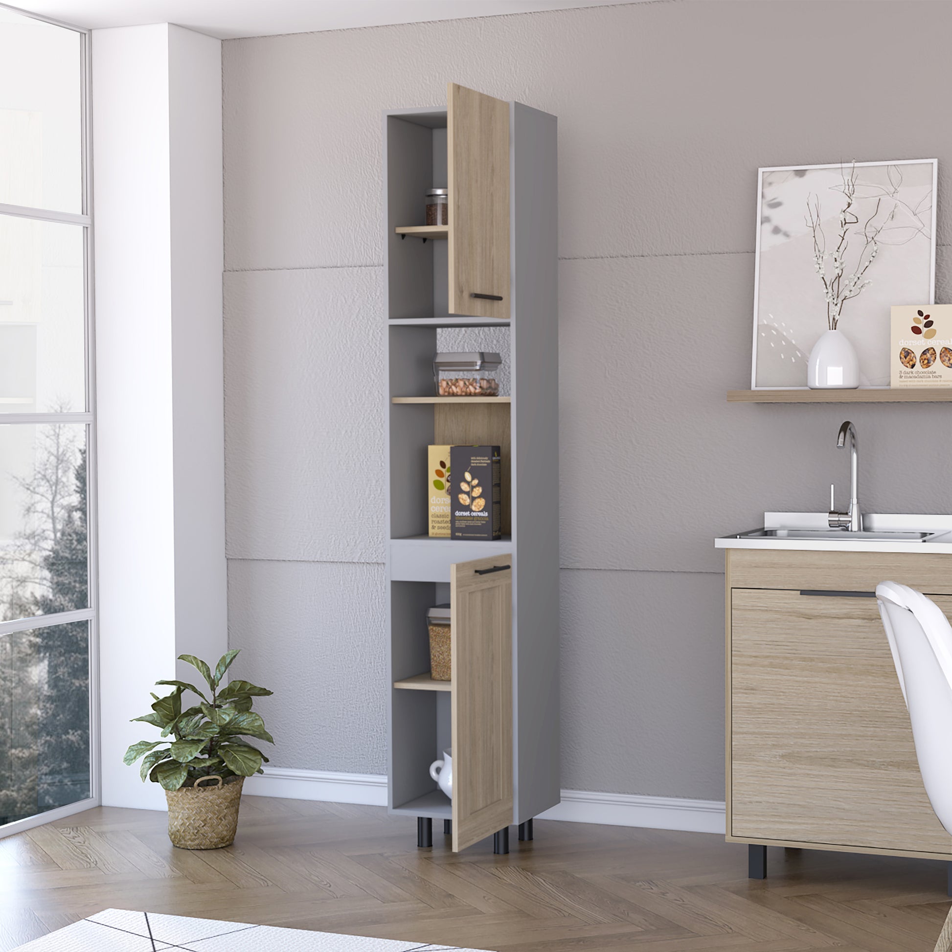 Tall grey and wood pantry cabinet with open door showing shelves of jars and boxes
