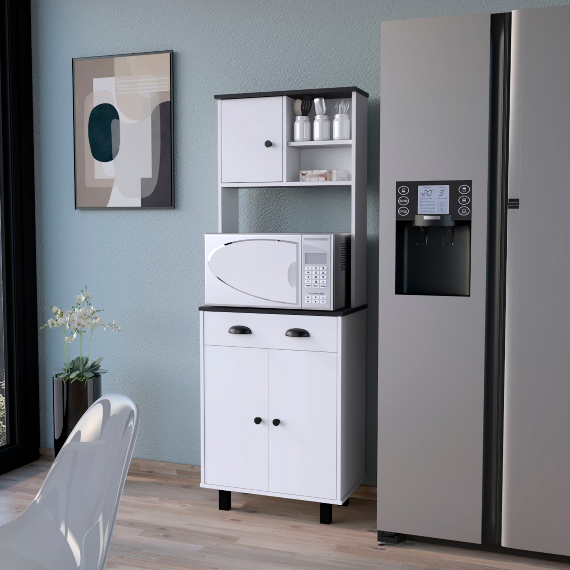 White kitchen microwave cart with black accents and storage