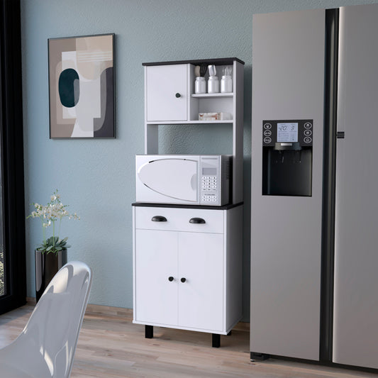 White kitchen microwave cart with black accents and storage