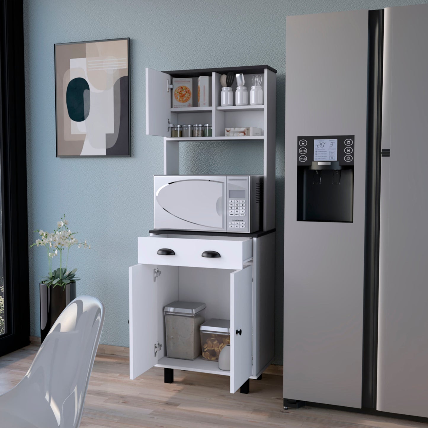 White kitchen pantry with microwave shelf and storage cabinets