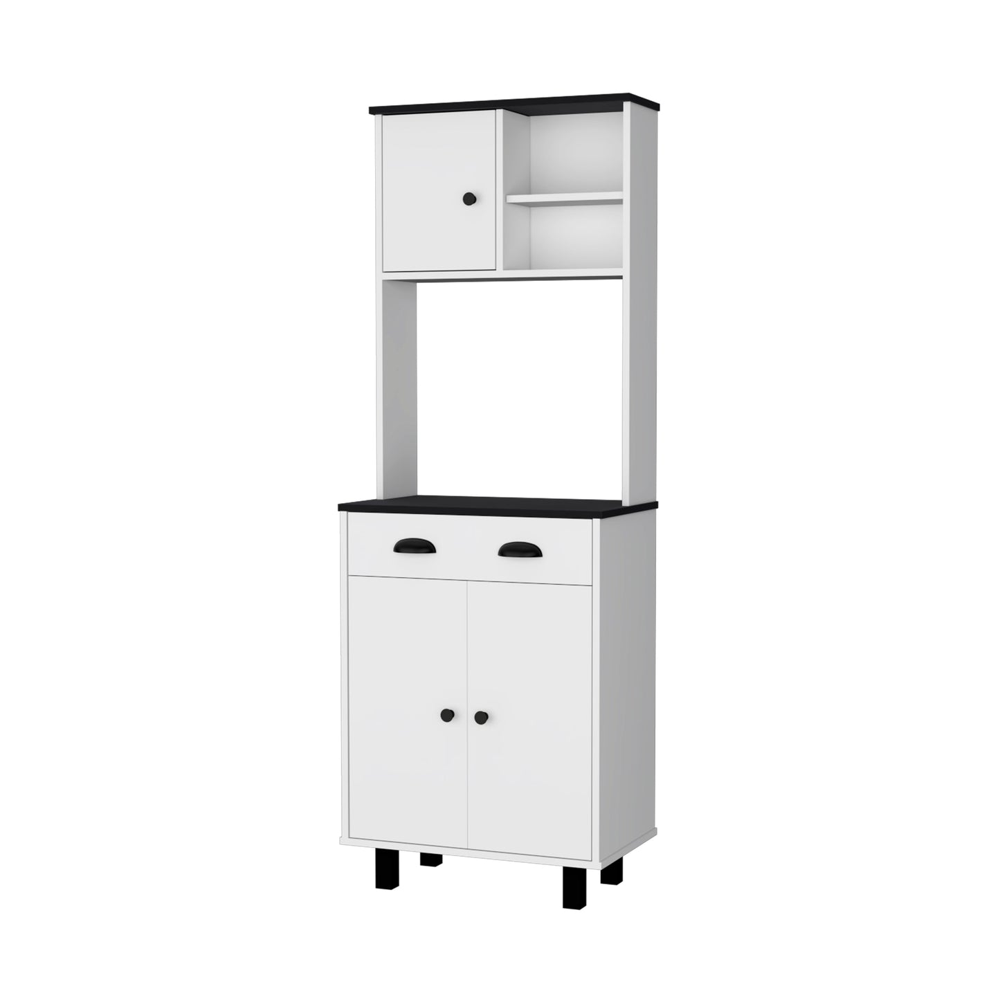 White kitchen baker rack with black accents and two doors