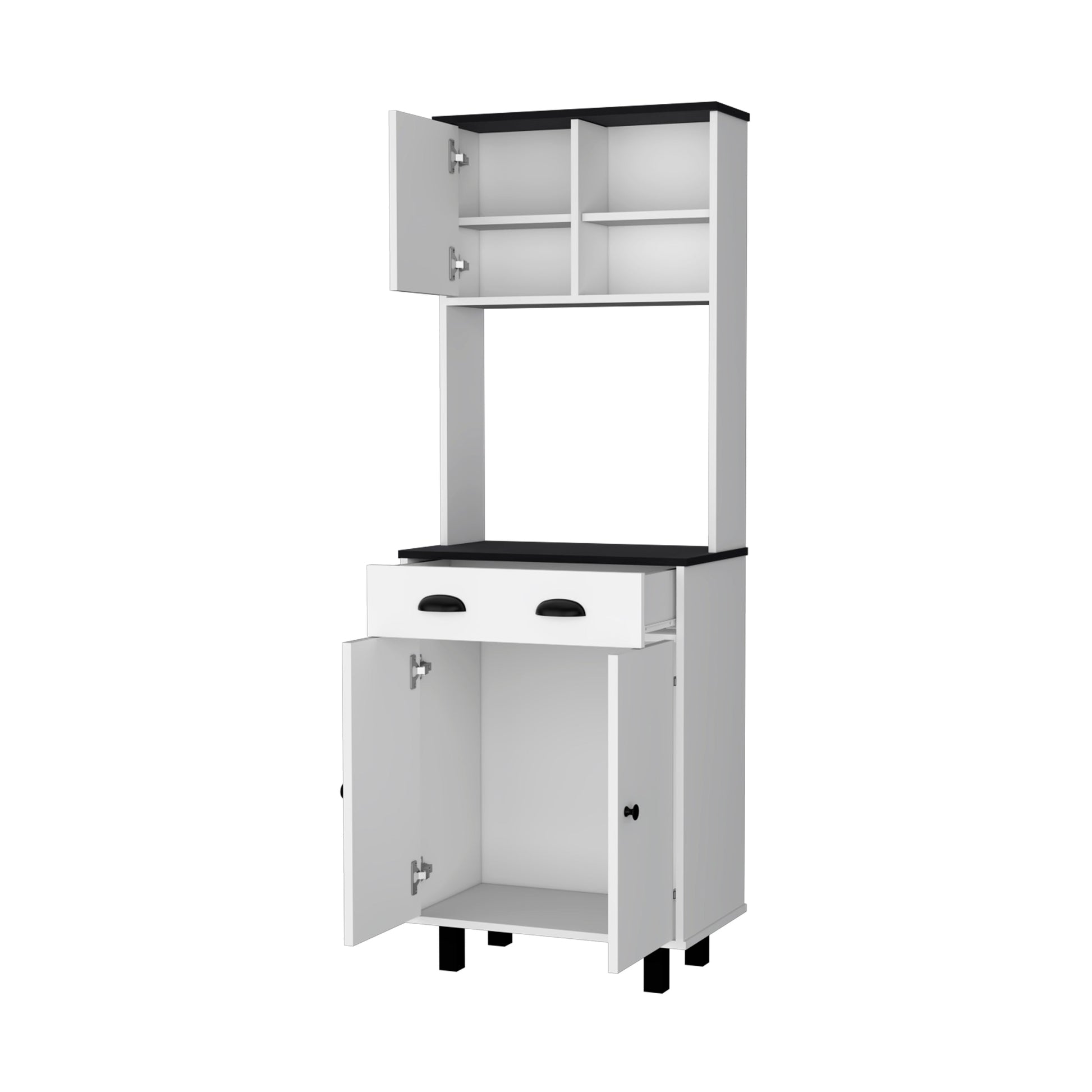 White and black kitchen cabinet with open doors and drawer