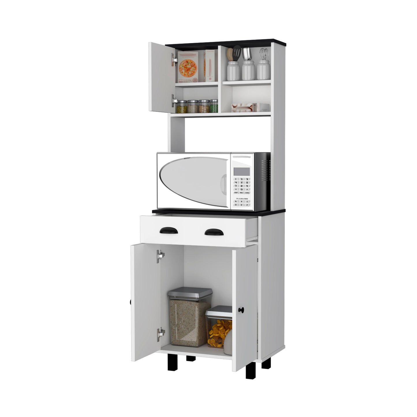 White kitchen pantry cabinet with microwave shelf and storage below