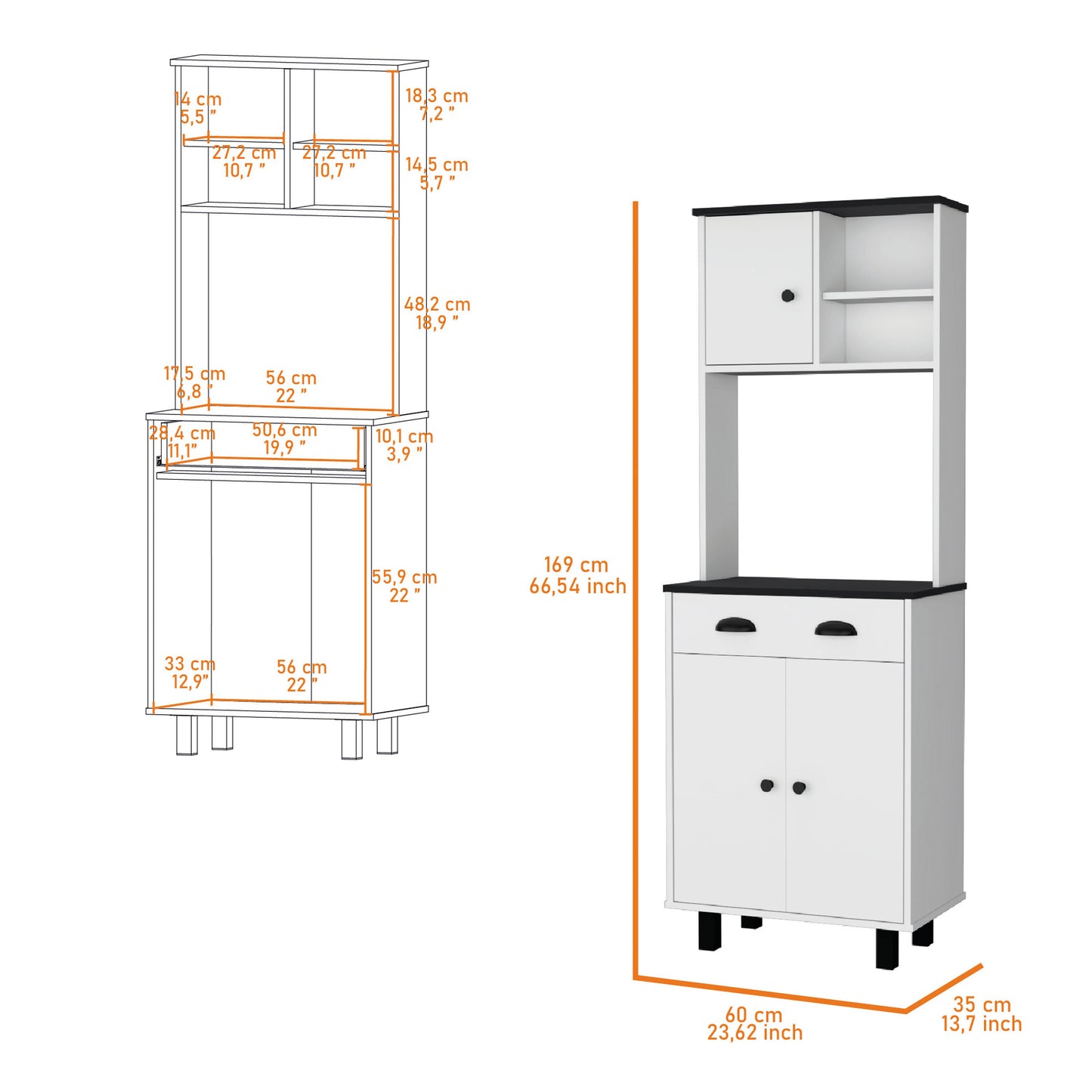 White and black kitchen hutch with two cabinets and three shelves