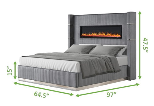 Modern grey upholstered bed with integrated electric fireplace