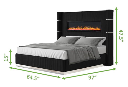 Black king size bed with builtin fireplace and grey bedding