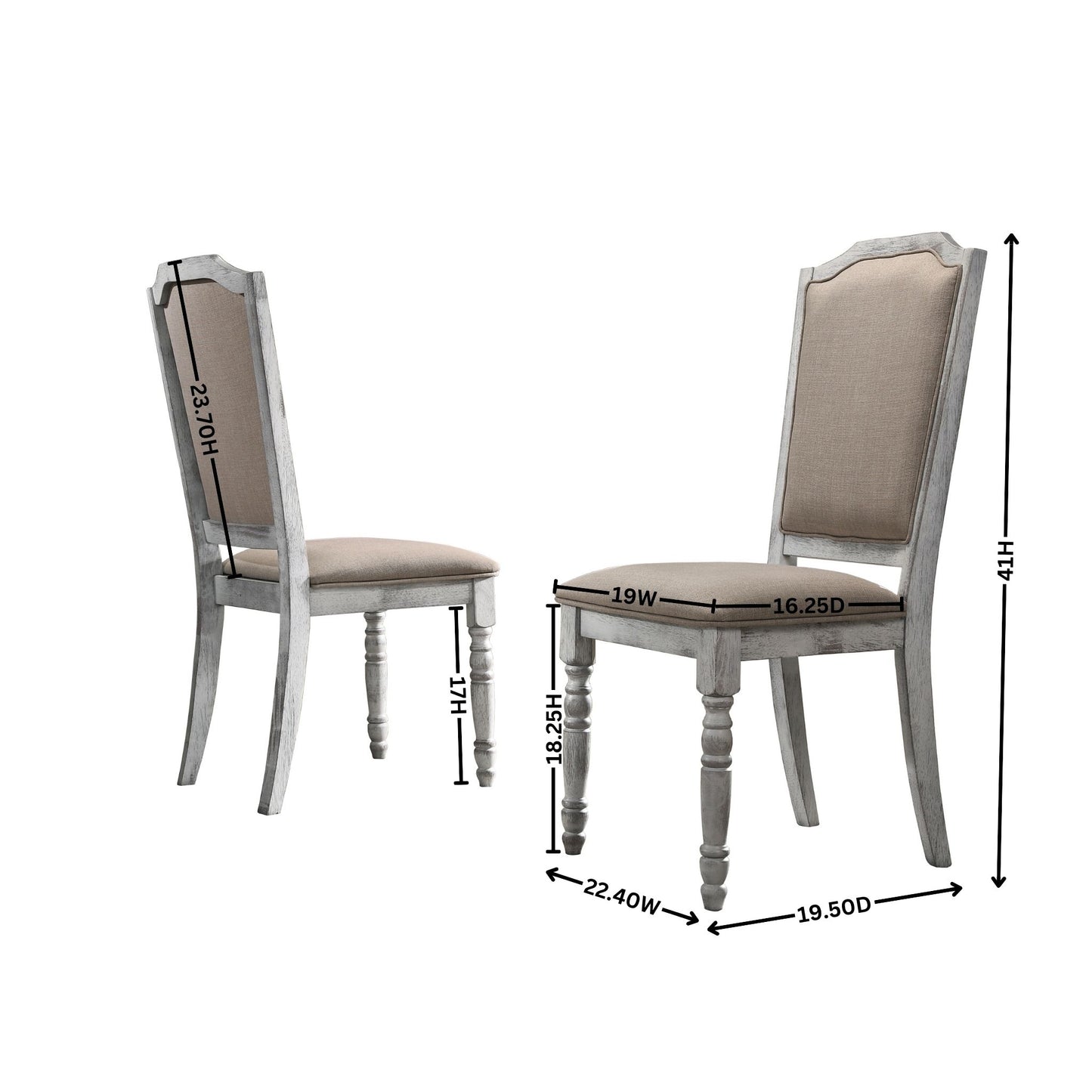 Distressed grey upholstered dining chair with carved legs