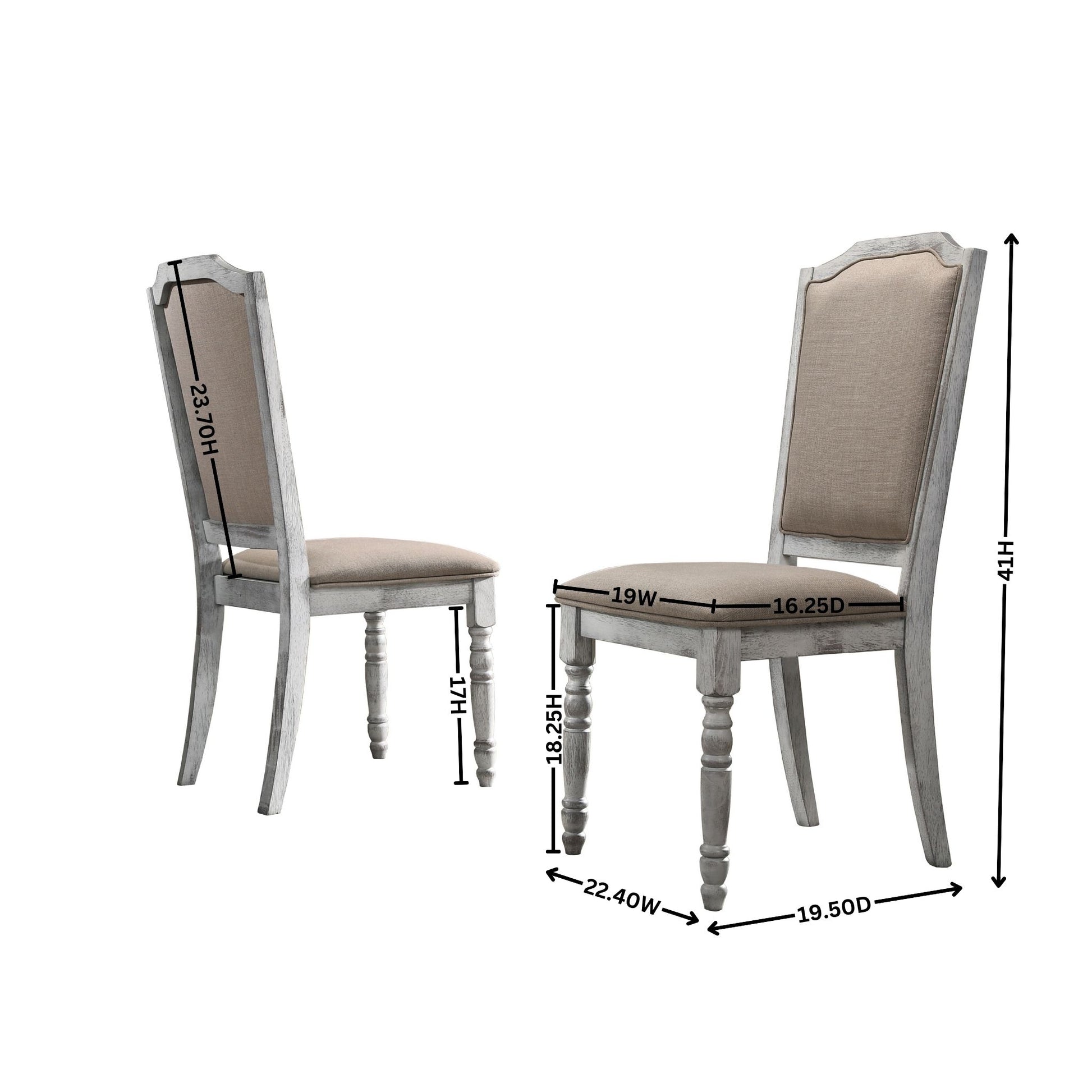 Distressed grey upholstered dining chair with carved legs