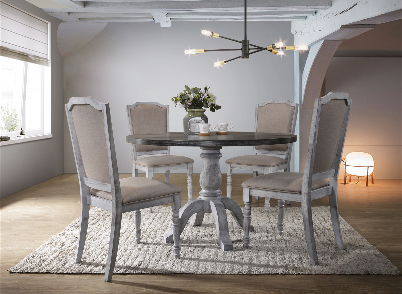 Farmhouse dining table set with four linen upholstered chairs