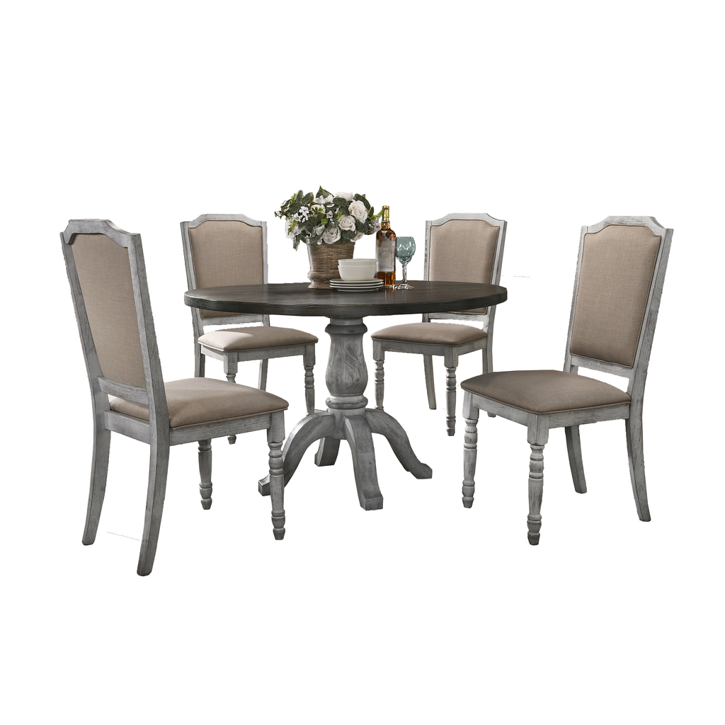 Rustic gray pedestal dining table with four upholstered chairs