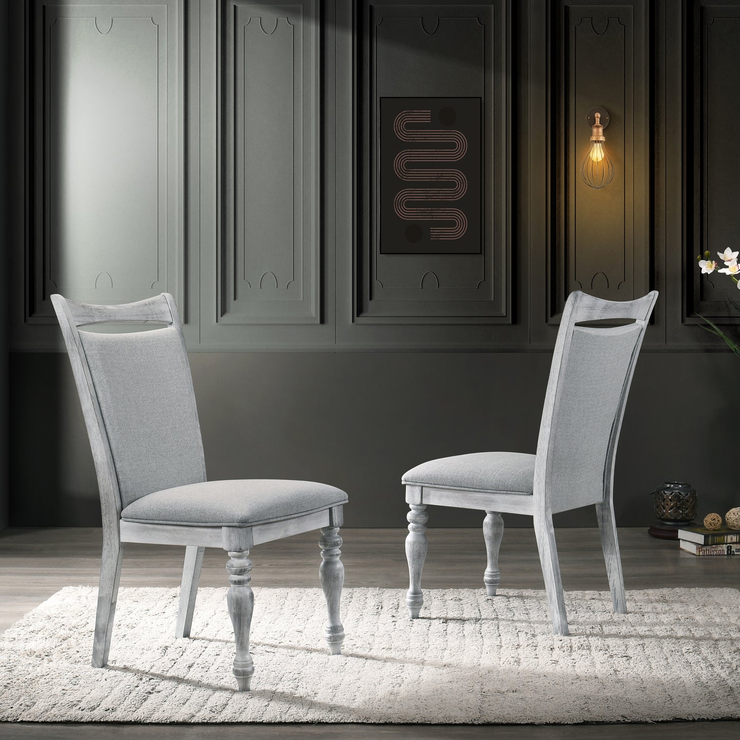 Light gray upholstered dining chair with distressed wood frame