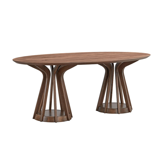 Oval walnut wood dining table with sculptural wooden base