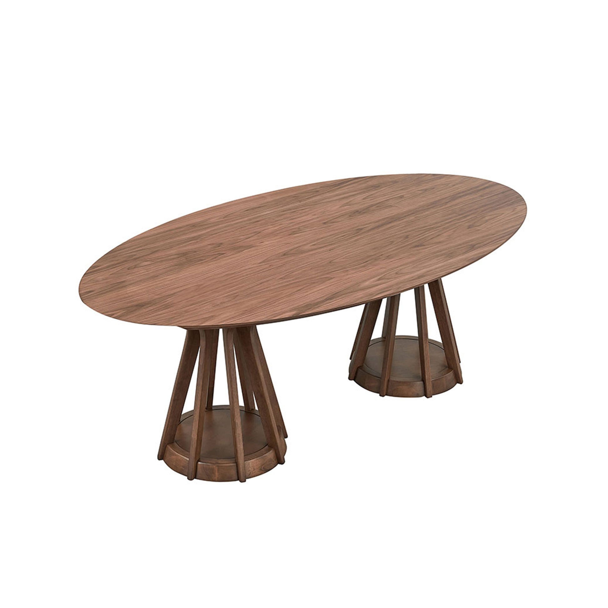 Oval walnut dining table with sculptural wood base