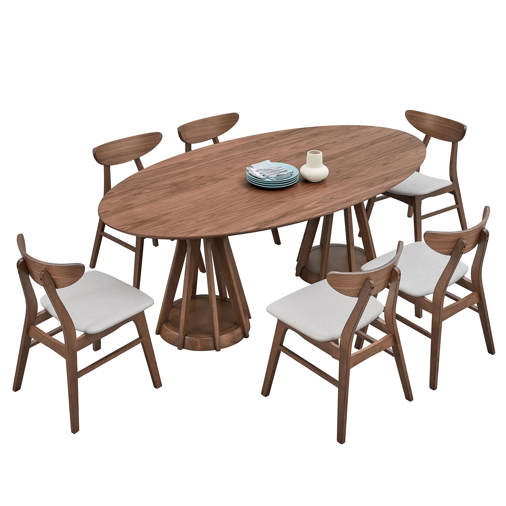 Oval walnut dining table with six wooden chairs