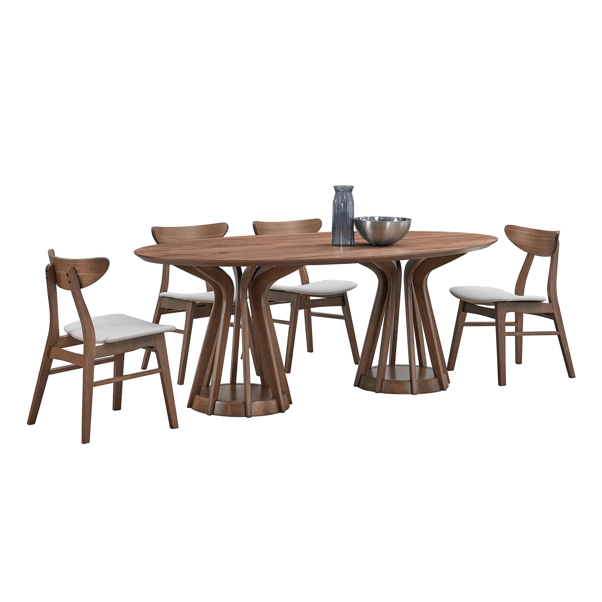 Oval walnut dining table with grey upholstered chairs