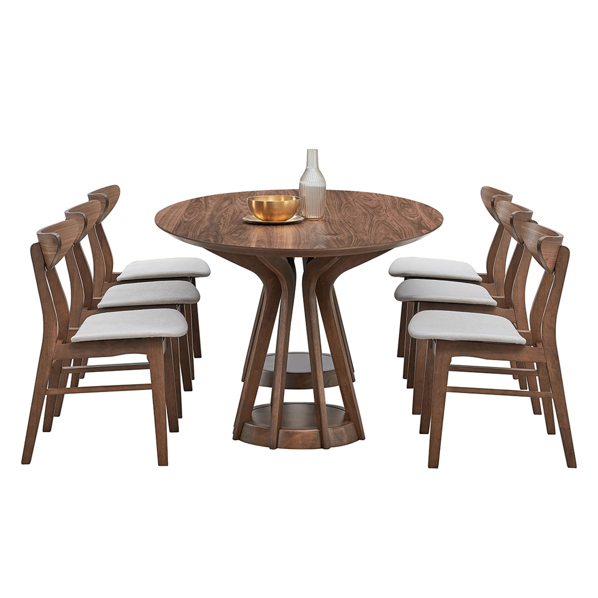 Round walnut dining table with six upholstered chairs