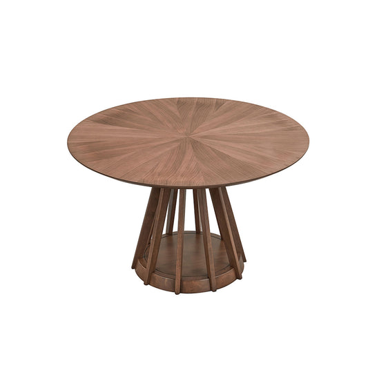 Round walnut dining table with starburst veneer top and slatted base