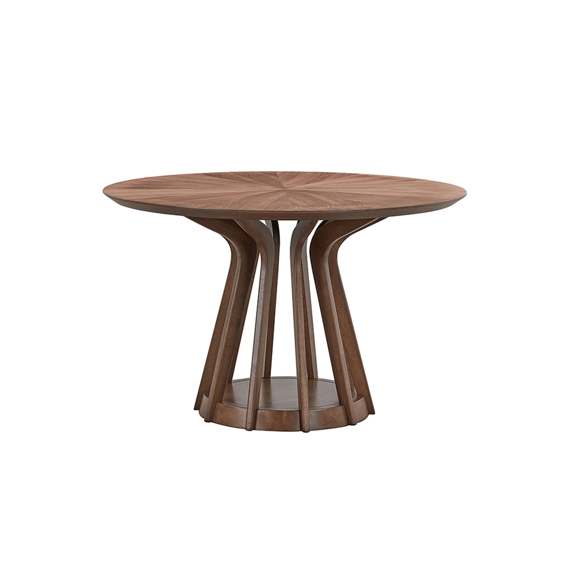 Round walnut wood dining table with unique curved leg base