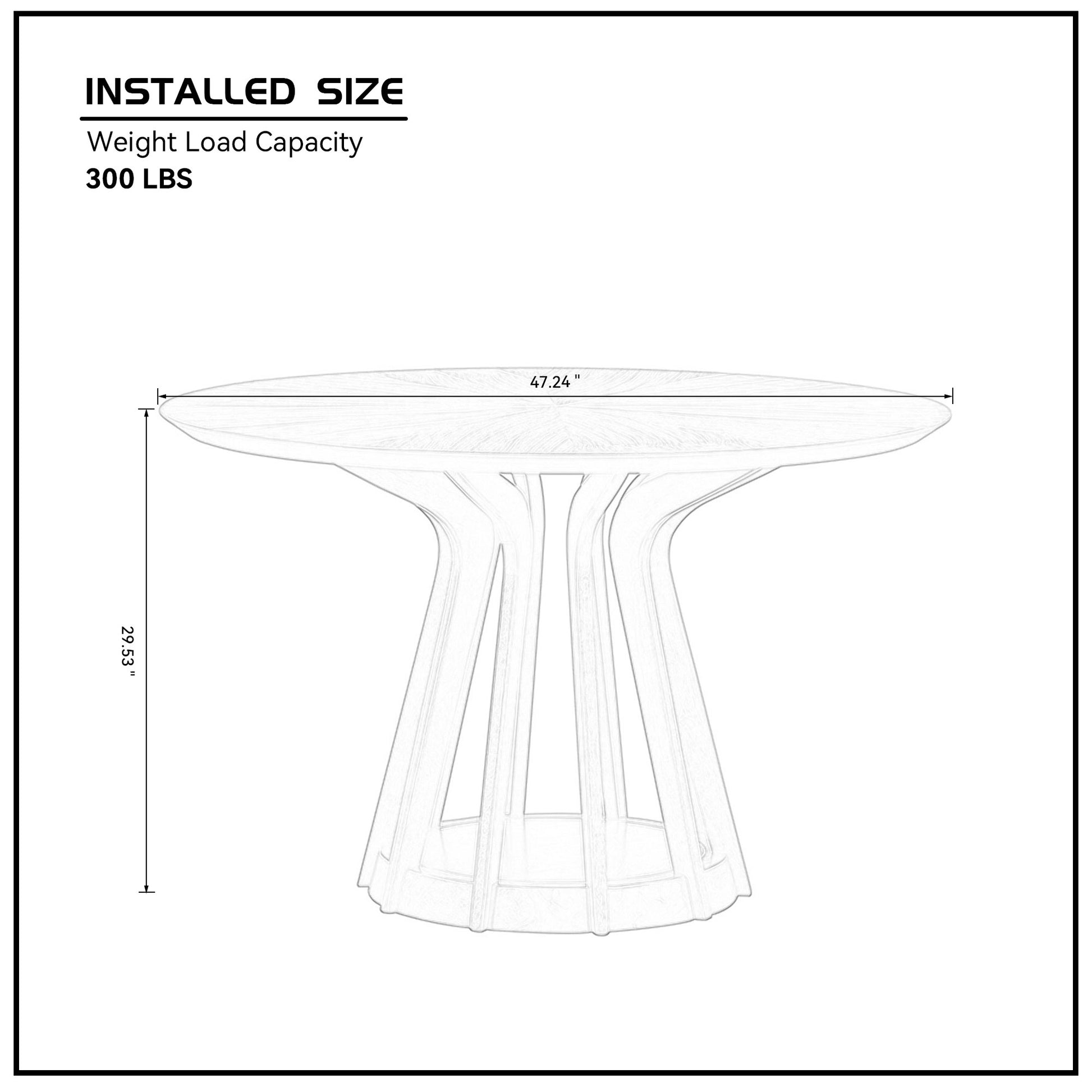 Line drawing of a round dining table with a  inch diameter and  inch height