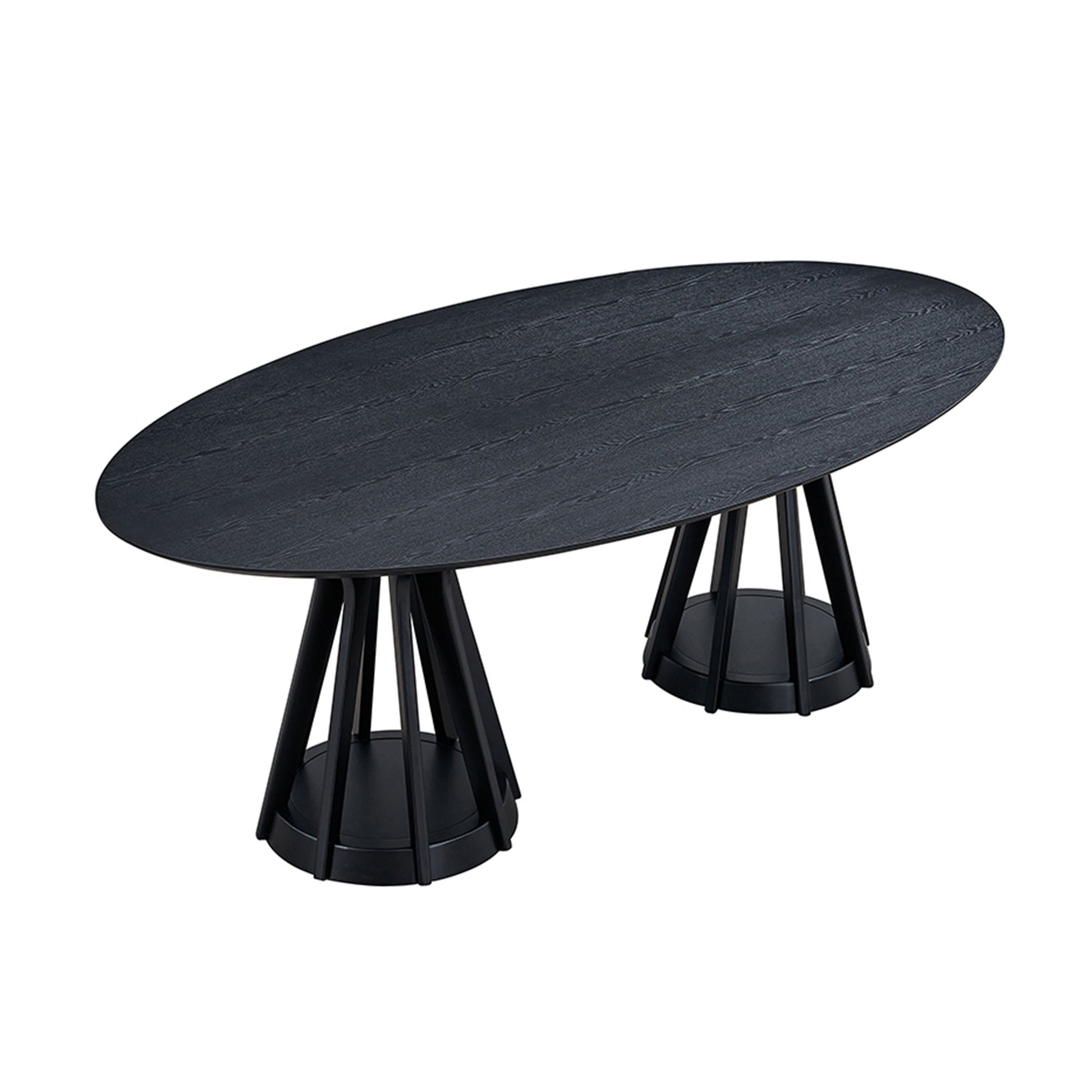 Black oval wood dining table with modern geometric base
